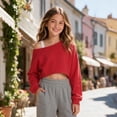 thumbnail image 2 of Girls Off Shoulder Sweatshirt Asymmetrical Long Sleeve Cute Crop Top for Kids, 2 of 5