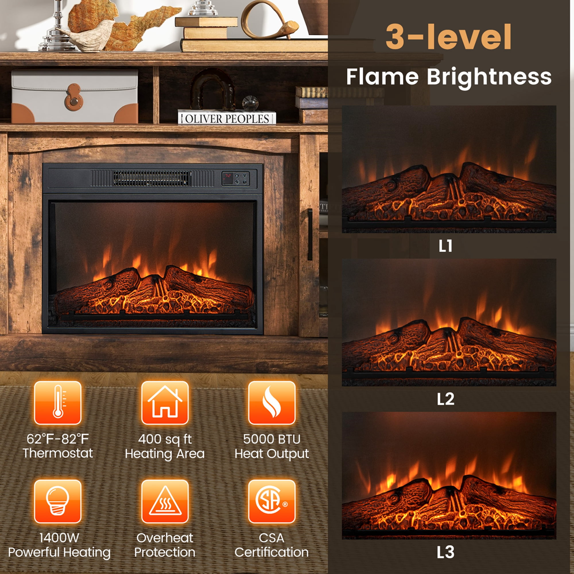 Costway 58 Fireplace TV Stand with 1400W Electric Fireplace for TVs up to 65 Inches White