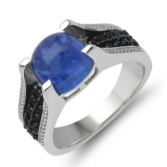 Genuine Cushion Tanzanite and Black Spinel Ring in Sterling Silver - Size 7.00