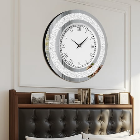 LUVODI 32 inch Rround Crushed Diamond Wall Clock Silver Beveled Mirrored Clock for Wall Living Room Decor