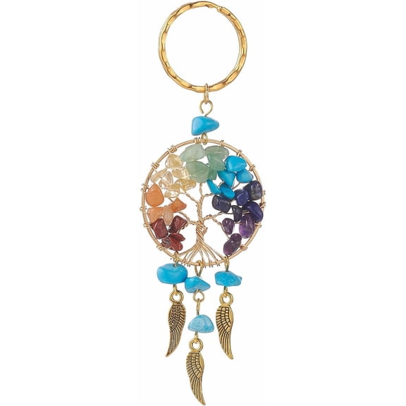 2 Pcs Flat Round Keychain Turquoise Keychain with Iron Split Key Rings Alloy Wing Charms and Gemstone Bag Charms Stylish Keychains Accessories for Women's Keychain Phone Charm Accessories for diy