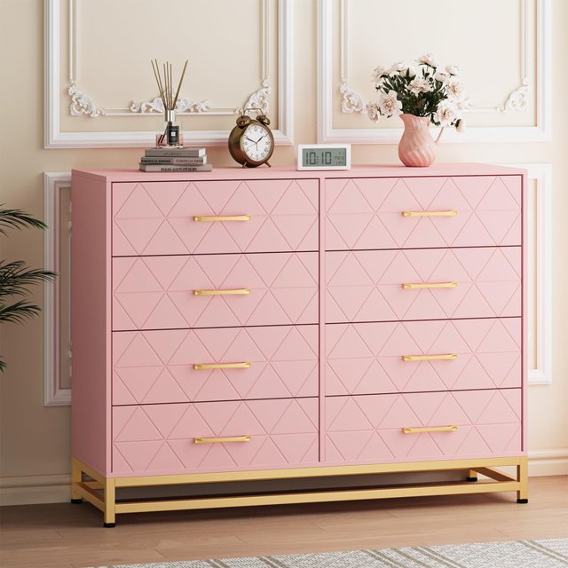 Pink 8 Drawer Dresser for Bedroom, 36" Tall Wide Chest with Soft-Close Glides, Anti-Tip Kit, Modern Storage Organizer for Closet & Living Room