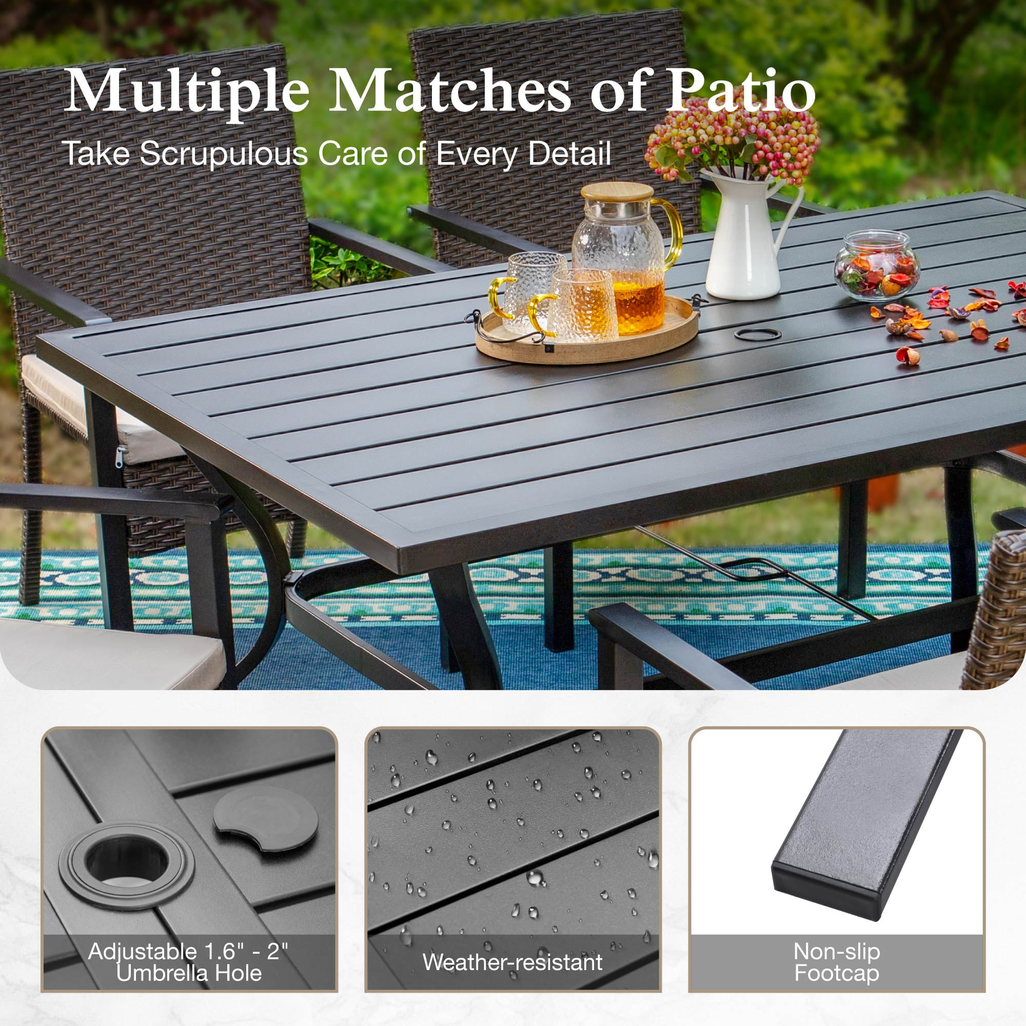Alpha Joy 8-Piece Outdoor Patio Dining Set with 13 ft Umbrella (No Base), Rattan Chairs & Rectangle Table Set for 6, Red Umbrella