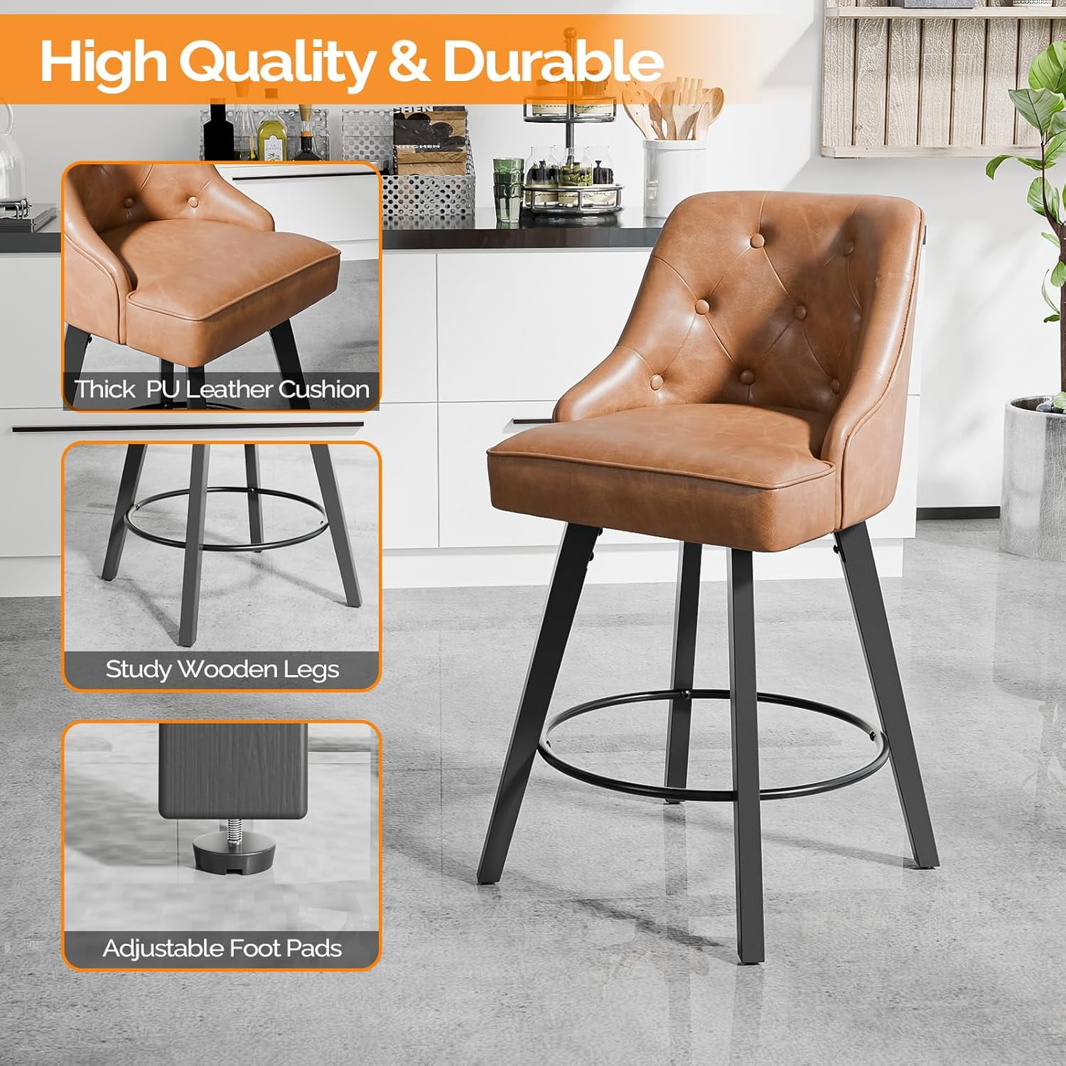 VINGLI 26" H Swivel Barstools Set of 2, Linen Fabric Upholstered Counter Stool with Back, Kitchen High Chairs Counter Height Bar Stools with Cushion, Solid Wood Legs, Beige