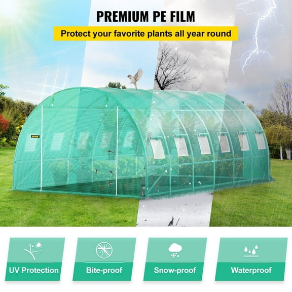 20’x10’ Portable Greenhouse for Plants, Walk-in Design with Galvanized Steel Hoops & 3 Cross Beams, UV Protected Green Cover