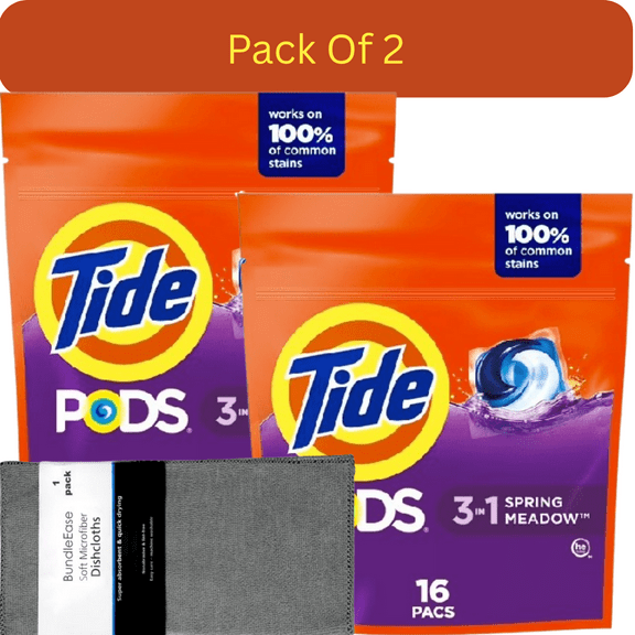 Tide PODS Spring Meadow Scent Laundry Pacs, 16-Count Powerful 3-in-1 Formula with Microfiber Solid Color Towel by BundleEase