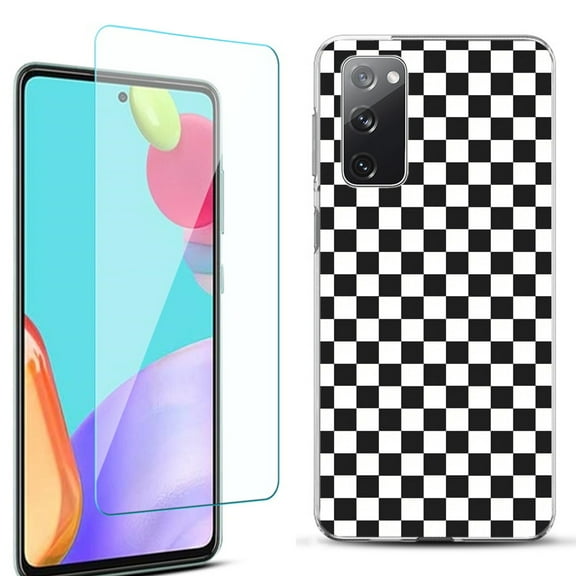 Slim-Fit Protective Phone Case for Samsung Galaxy S20 FE 5G Fan Edition, with Tempered Glass Screen Protector, by OneToughShield ® - Checker B/W