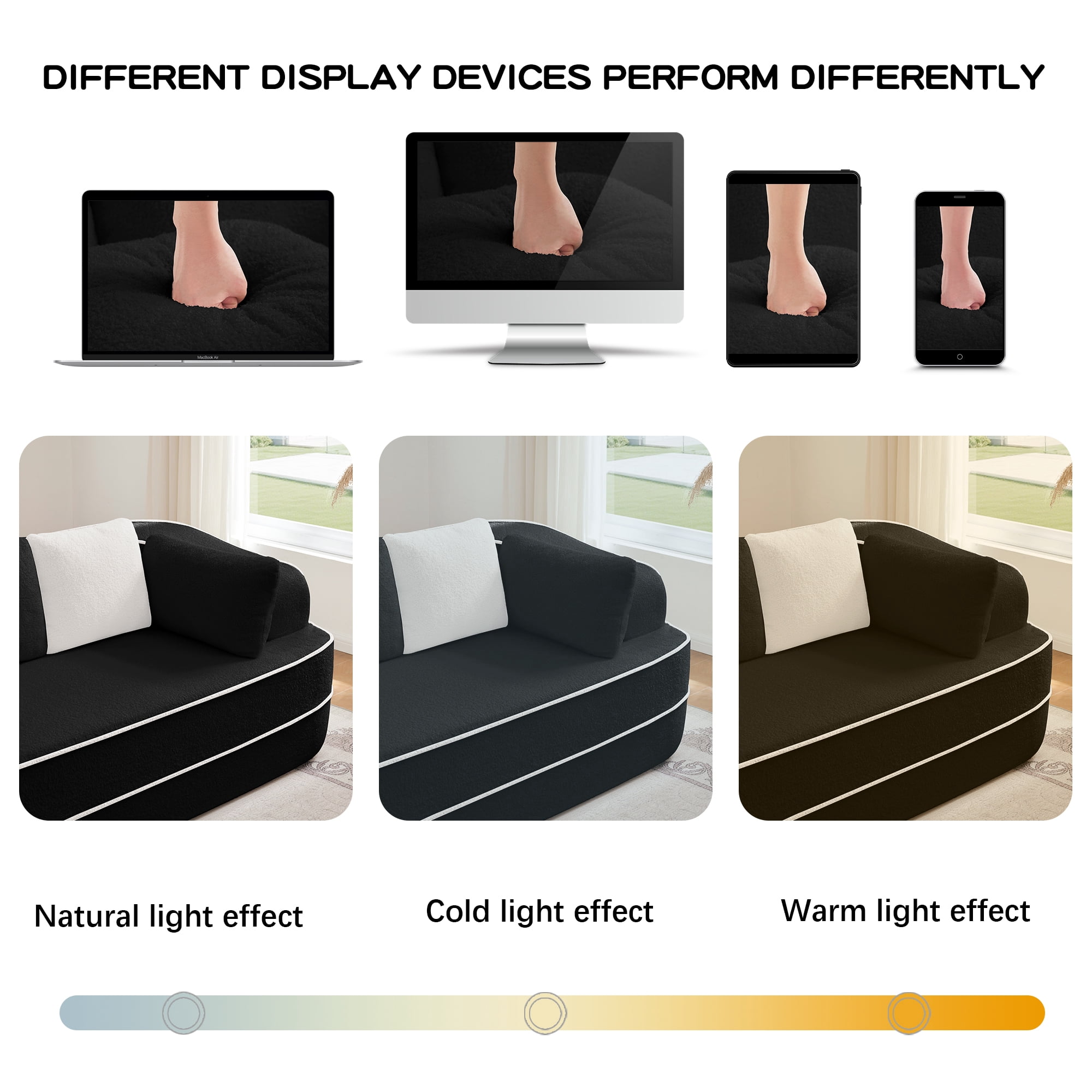 106" Teddy Fabric No Assembly 32D Boneless Sofa,Contrast color design,Fluffy Comfy Couch with L-Shaped Chaise,for Living Room,Black