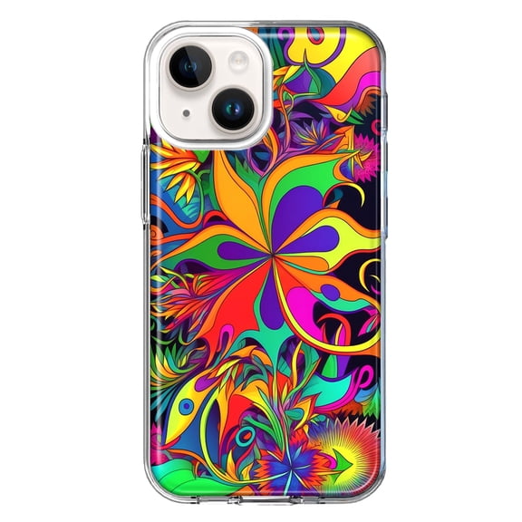 MUNDAZE Case for Apple iPhone 15 Plus Hybrid Shockproof Slim Hard Soft TPU Shell Heavy Duty Protective Phone Cover - Neon Rainbow Psychedelic Hippie Wild Flowers