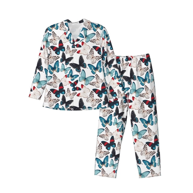 Fotbe Butterfly Pijama de Hombre con Estampado de Manga Larga, Conjunto de 2 Piezas, Ropa de Dormir Suave y Cómoda con Bolsillos-Small