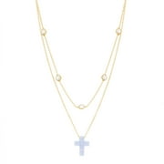 Lesa Michele Round Cubic Zirconia and Light Blue Opal Sterling Silver Station Cross Necklace