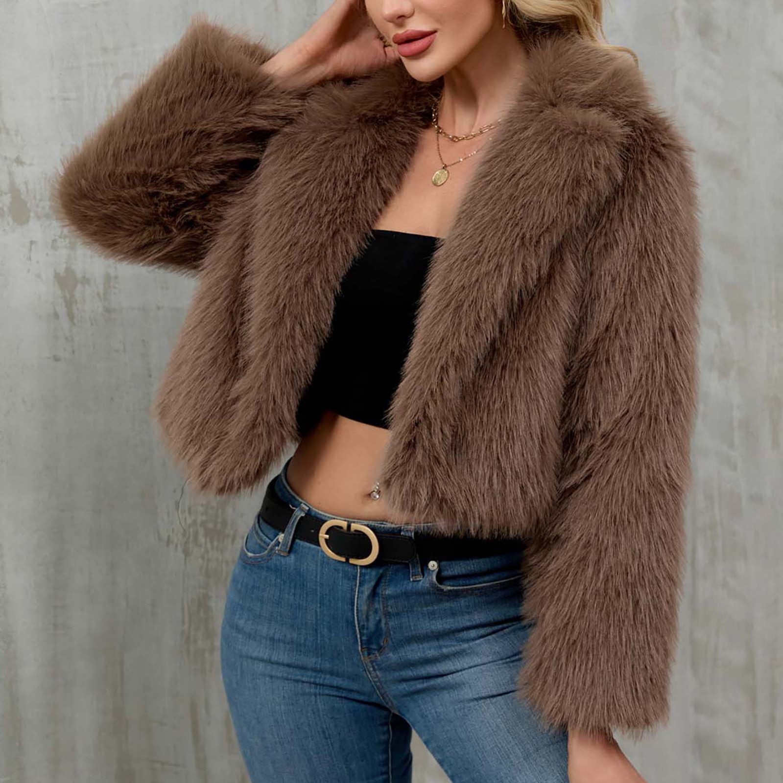 QATAINLAV Faux Fur Coats for Women Open Front Long Sleeve Lapel Fluffy Jacket Warm Shaggy Winter Outerwear, Brown, S
