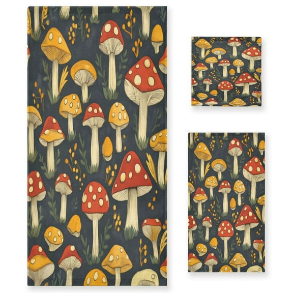 Three-Piece Towel Set Face Towel Towel Set Hand Towel Bath Towel Cotton Bath Towels Bath Towel Sets Hand Bath Towels Mushroom with Black Background