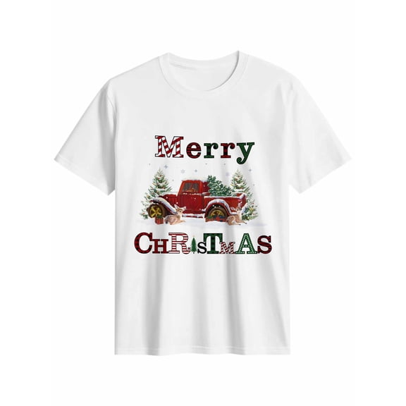 Women's T-Shirt Christmas Tree Red Truck Deer Short Sleeve Casual Tee Classic Crew Neck T Shirt for Women White, M