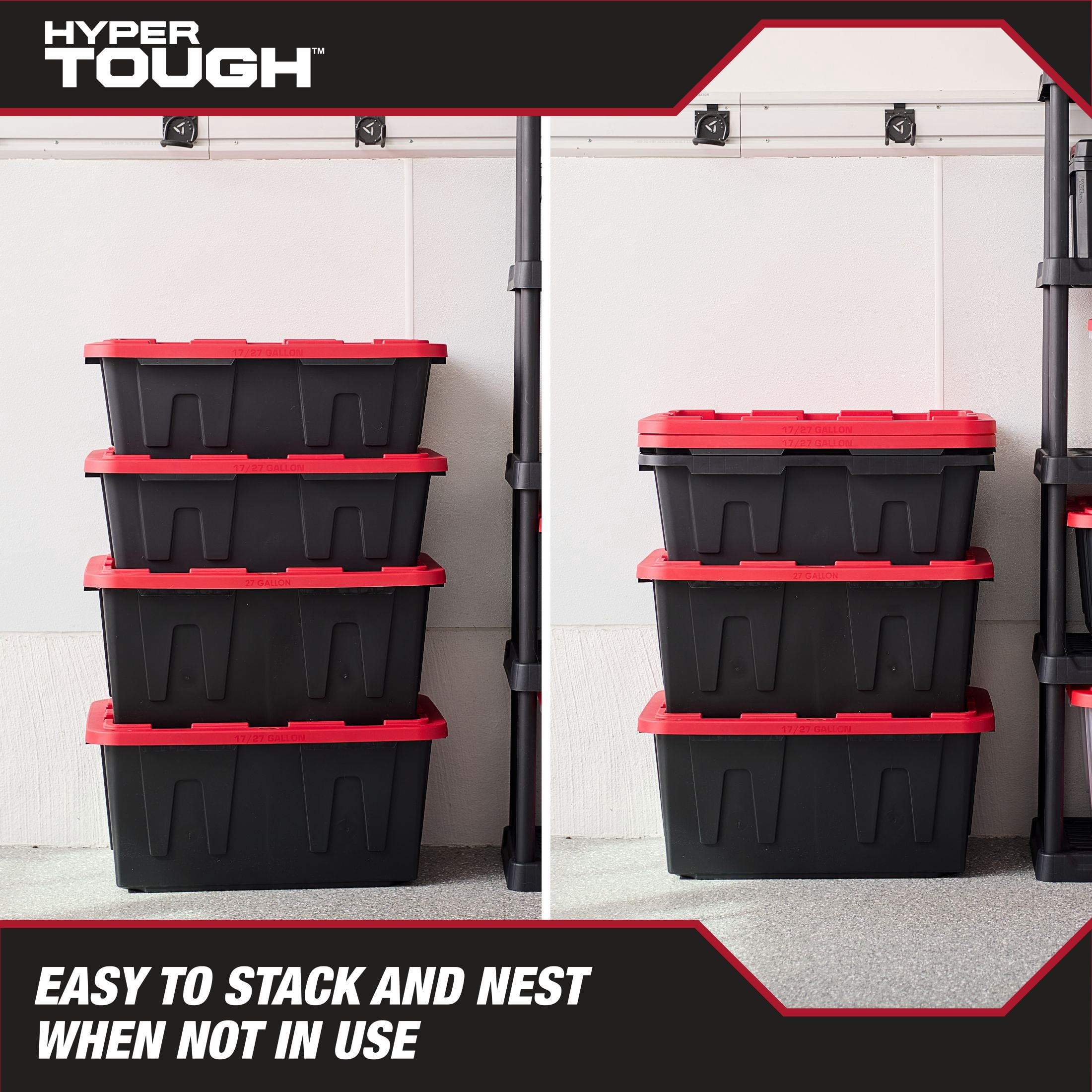 Hyper Tough Storage Bin with Snap Lid, 17 gal, Pack of 4, Low Profile, Black Base and Red Lid