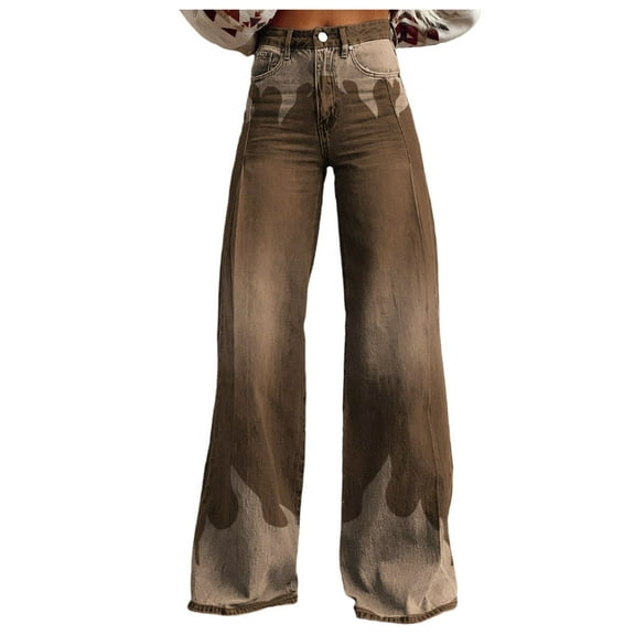 Luwomo Jeans for Womens Wide Leg Fashion High Waisted 90s Floral Printed Pull On Baggy Long Trousers Denim Pants Brown,L