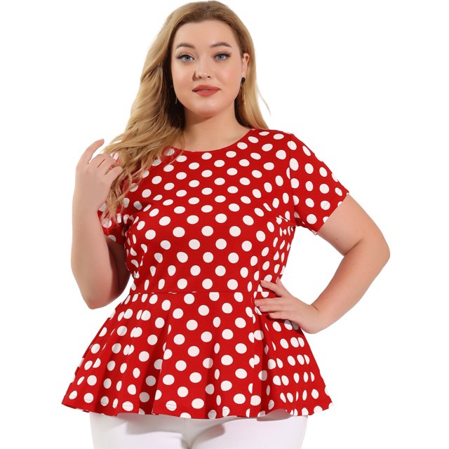 Women Plus Size Short Sleeves PolDots Peplum Top Red White 1X