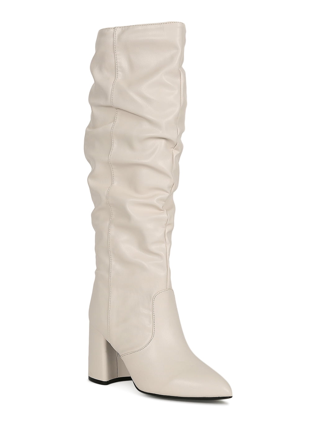 Slouchy Pointed Toe Sculptural Block Heel Knee High Boots - Black
