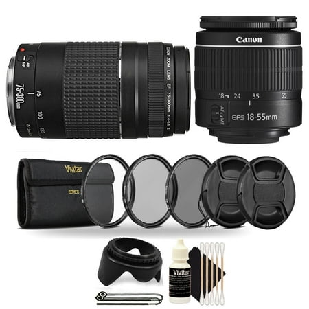 Canon EF-S 18-55mm III f/3.5-5.6 Camera Lens with EF 75-300mm Lens with UV CPL and ND8 Lens Filters + Lens Caps and Tulip Lens Hood for Canon T5 T6 T6i T5i T7i T6s