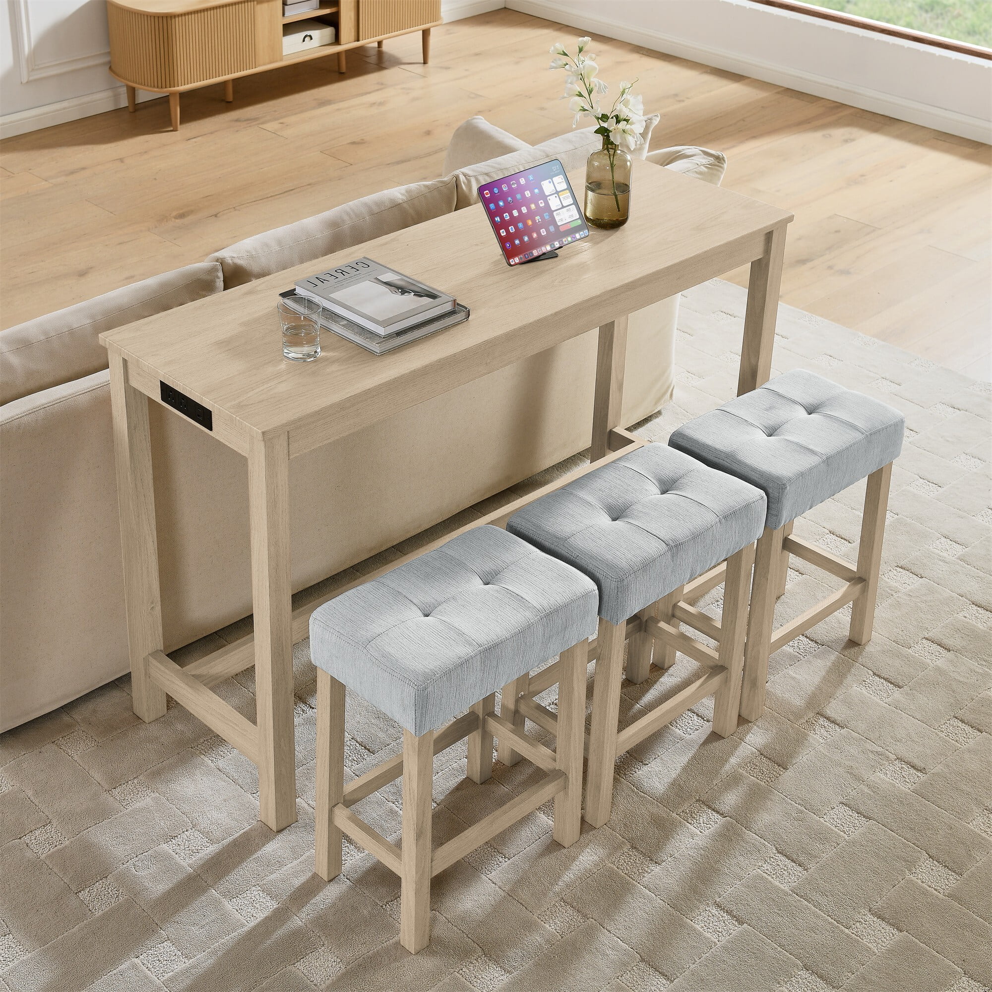 DEALTOPS 4-Piece Bar Table Set with Charging Station, 59" Counter Table with 3 Soft Stools for Small Space, Light Oak