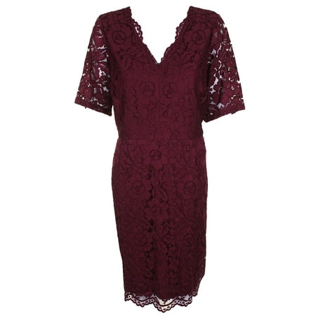 Ellen Tracy Plus Size Merlot Red Short-Sleeve Lace Sheath Dress 14W