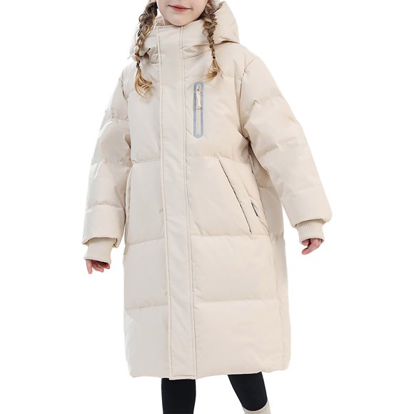 XIMIN Kid Girls Cozy Warm Padded Quilted Down Coat Heavyweight Long Puffer Jacket Windproof Solid Color Winter Parka Outerwear with Knee-Length Coverage