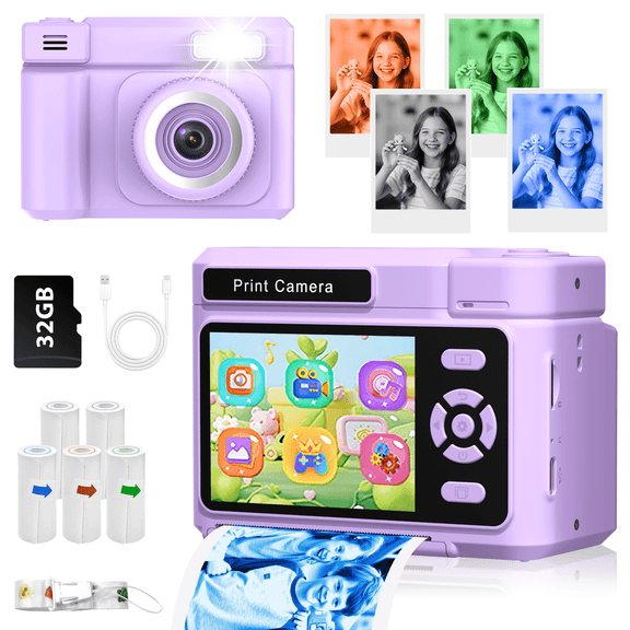 Teblint 2.4" Kids Camera Instant Print, 48MP & 1080P HD Digital Camera with 32GB Card, 4-Color Print Paper, Christmas Birthday Gifts for Boys & Girls Age 3-12, Purple