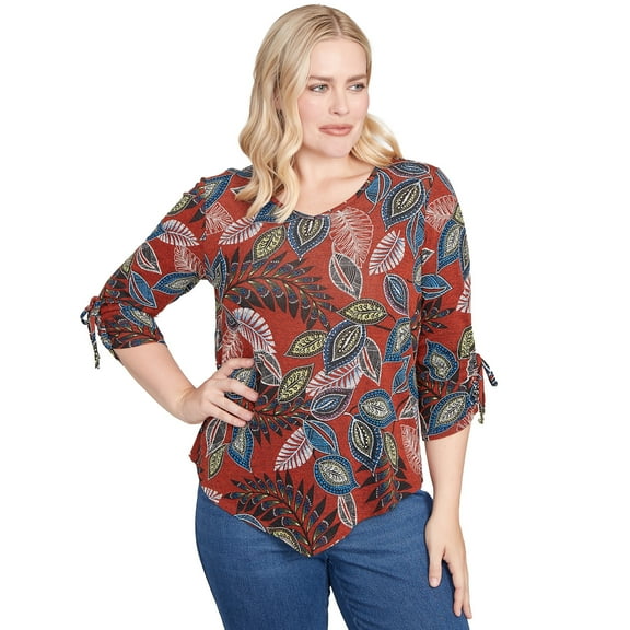 Alfred Dunner Womens Petite Batik Leaves Melange Asymmetrical Top