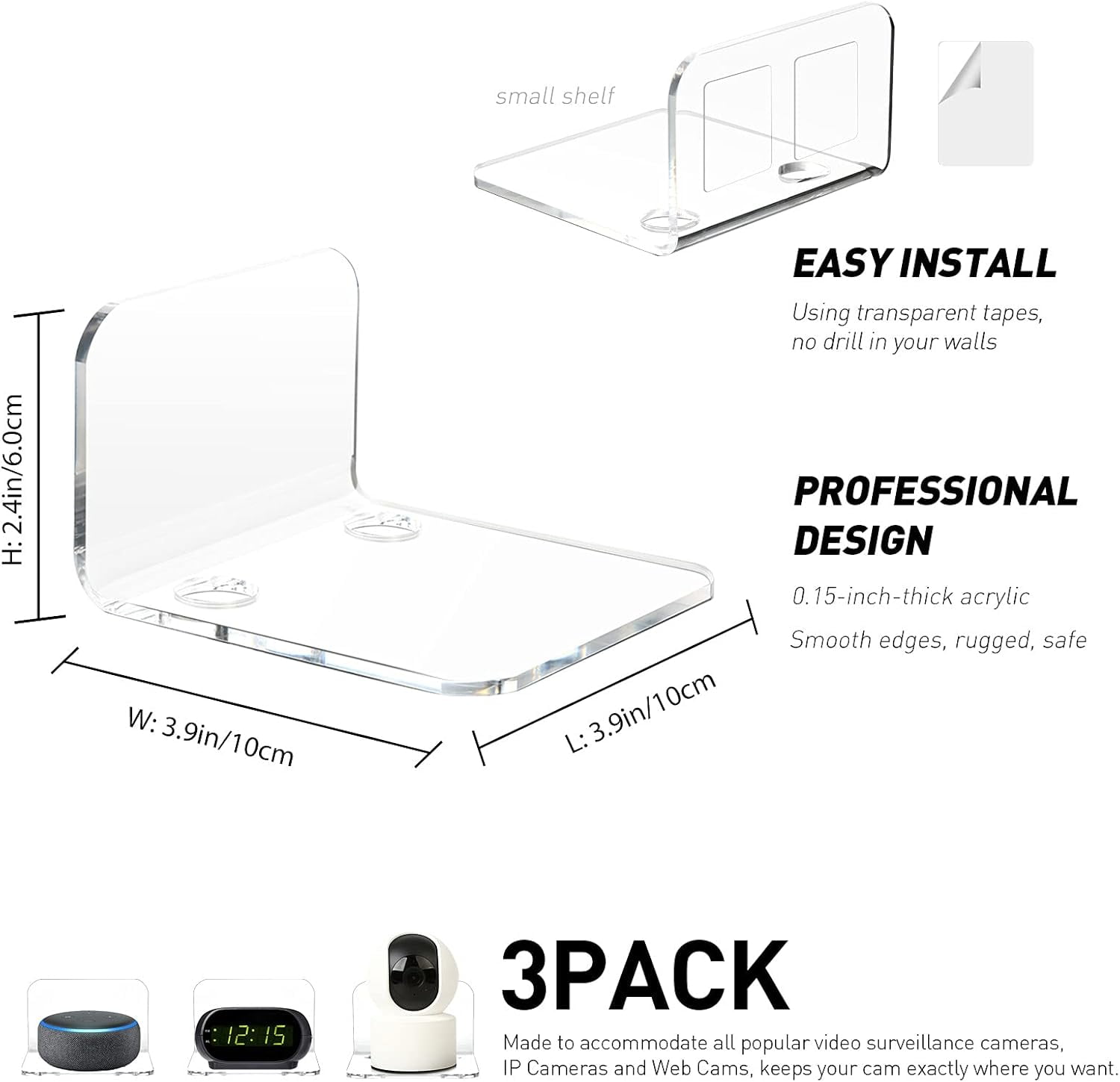 Acrylic Floating Wall Shelves Set of 3 for Security Cameras, Baby Monitors, Speakers - Universal Small Wall Shelf with Cable Clips, 10-Piece Strong Tapes, No Drill (Clear)