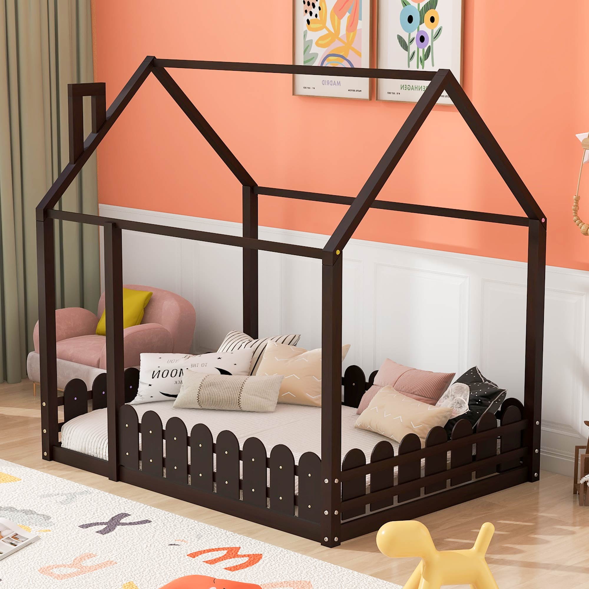 Aukfa House Bed for Kids Teen, Wood Bed Frame with Fence, Full Size Bed, Espresso