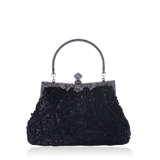Bolso de noche y bolsos de mano para mujer con cuentas de lentejuelas, bolso de boda, fiesta, bolso de novia, negro Sincero Hogar