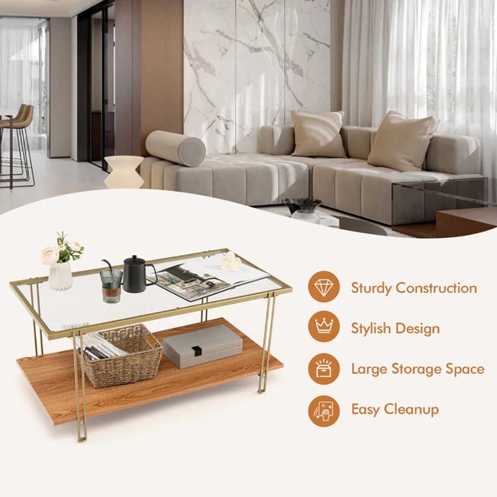 Finihen Coffee Table, Glass Coffee Table, 2 Tiers Rectangle Glass Coffee Table with White and Gold Steel Frame, for Living Room, Reception Room, Golden Finihen Coffee Table, Glass Coffee Table, 2 Tiers Rectangle Glass Coffee Table with White and Gold Steel Frame, for Living Room, Reception Room, Golden