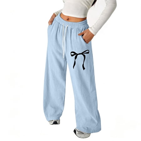 FINALGANG Girls Kids Bow Print Drawstring Waist Wide Leg Pants With Pockets Lightweight Breathable Straight Leg Casual Trousers For Daily Wear Blue 16-17 Years