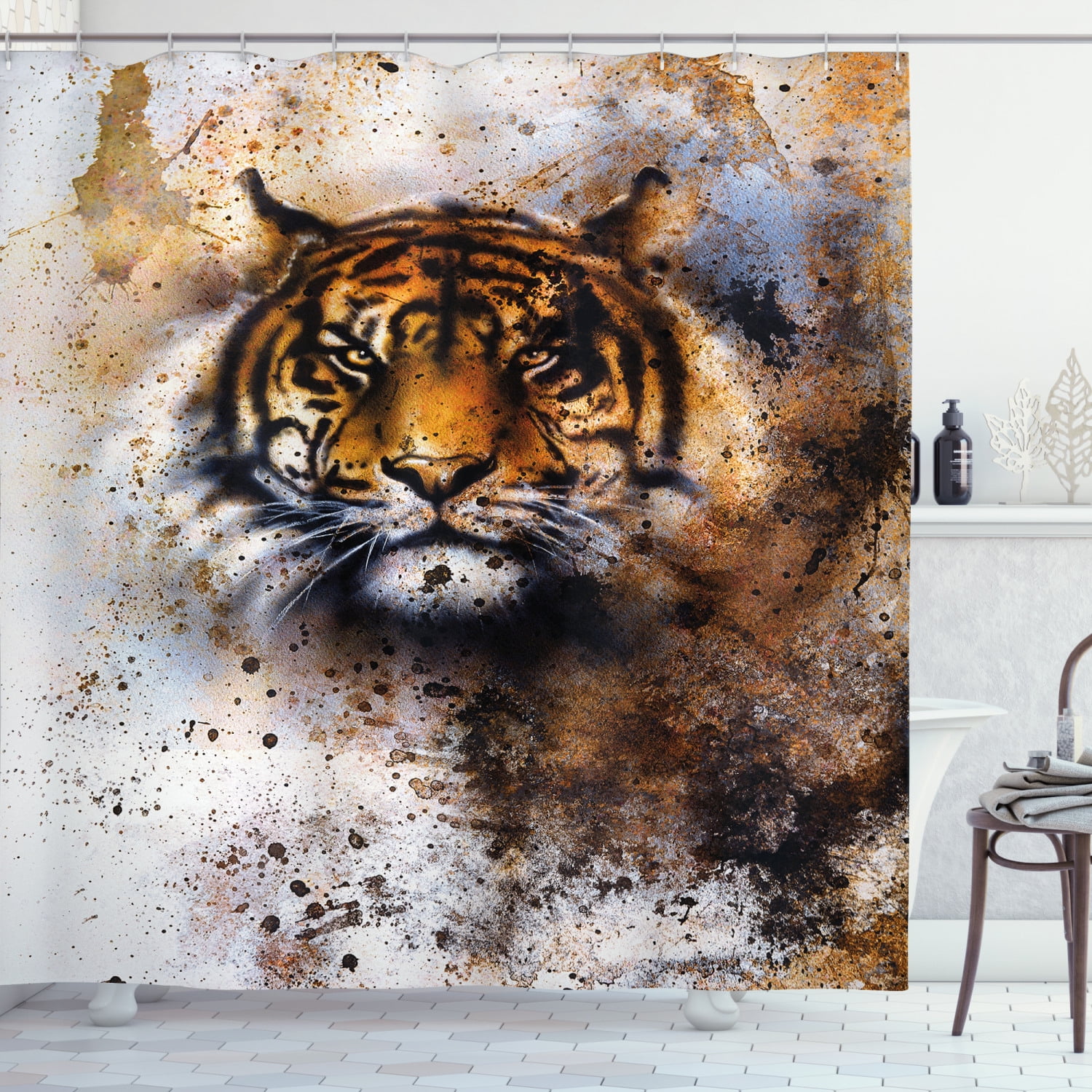 Wild Life Tiger Walking On Black Bathroom Shower Curtain Set Fabric &12 Hook 71" 