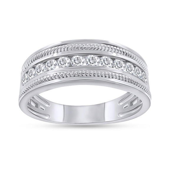 AFFY Men Wedding Band Ring Round Sparkling White Cubic Zirconia 7.5MM Width Milgrain Half Eternity Engagement Ring in 18K White Gold Plated Jewelry Gift for Him Size 10