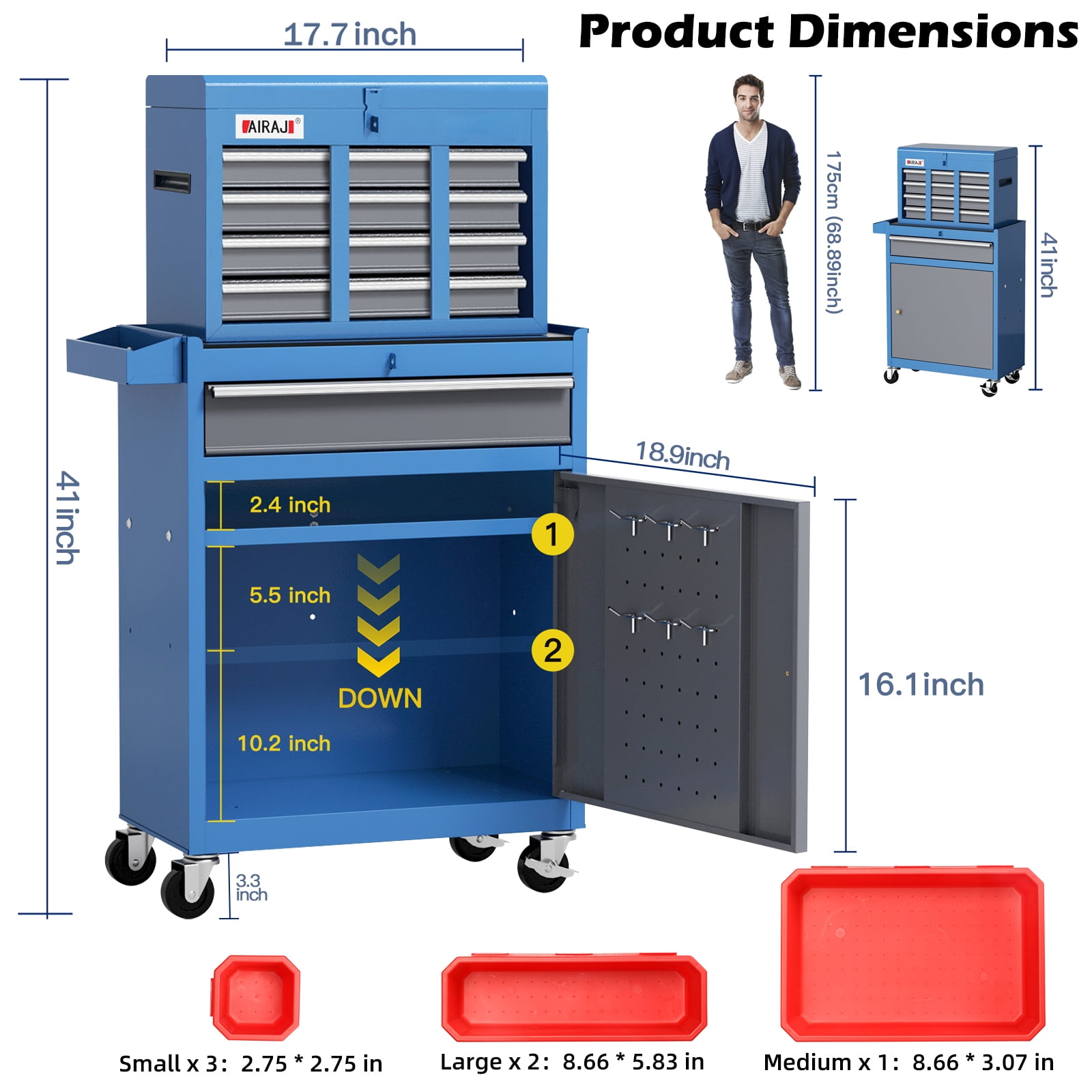 AIRAJ 7-Drawer 40 inch Large Rolling Tool Chest with Wheels