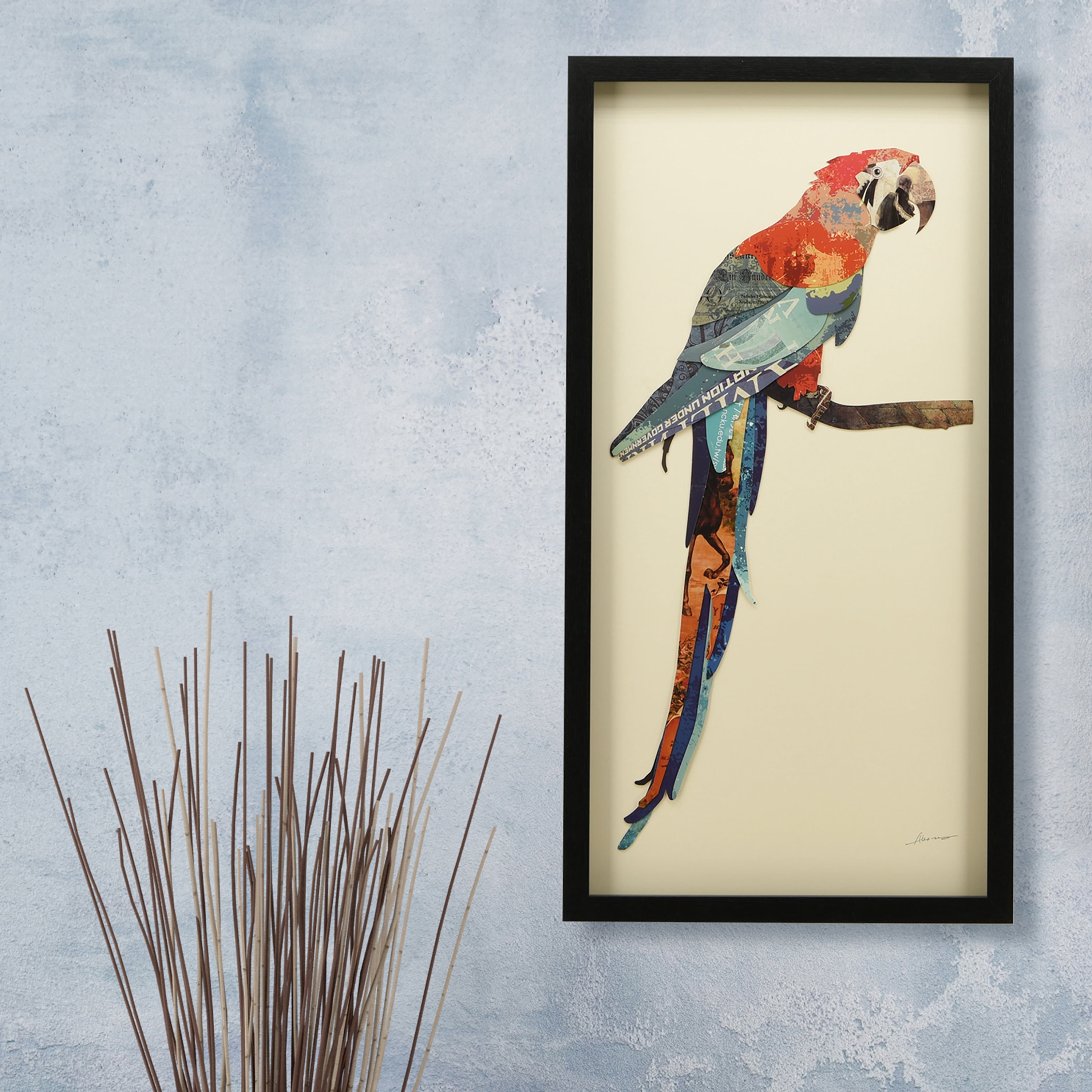 "Tropical Parrot" Dimensional Collage Framed Graphic Art Under Glass Wall Art