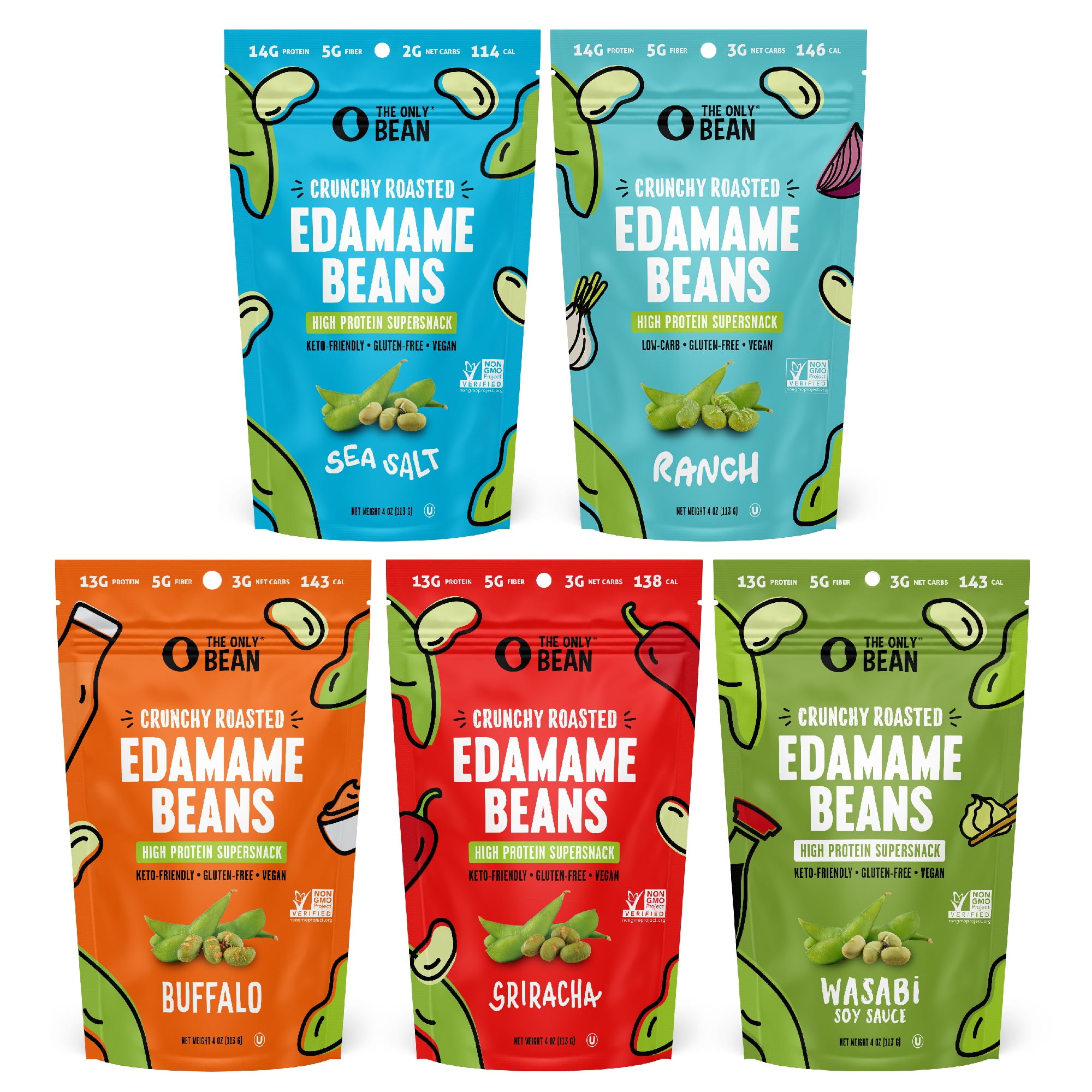 The Only Bean Crunchy Roasted Edamame Bean Snacks (5 Flavors), Healthy Snacks for Kids and Adults, High Protein Snacks, Low Carb Snack, Keto-Friendly, Gluten-Free, Vegan, 4 Ounce (Pack of 5)