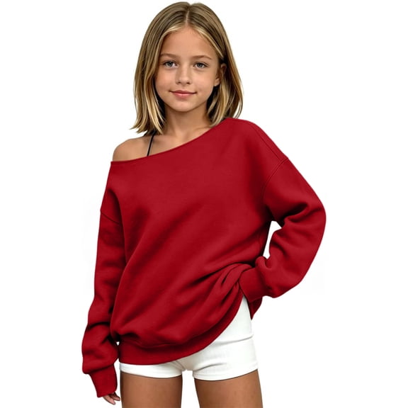 Dweltoz Off The Shoulder Sweatshirt for Girls Tween Tops Long Sleeve Solid Color Pullover Casual Trendy Sweatshirt Asymmetrical Cute Tops Y2K Sweatshirt,Red 3-4 Y
