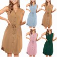 thumbnail image 2 of Tumotour Summer Tank Dress for Womens V Neck Sleeveless Button Down Party Dress Beach Dress With Pockets Knee Length Drawstring Tunic Midi Sundress, 2 of 8