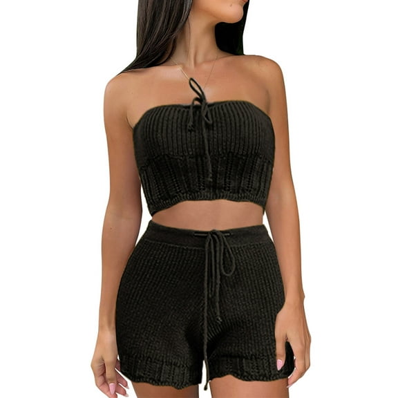 Michellecmm Women Knit Shorts Set, Tie-up Tube Top with Elastic Waist Shorts