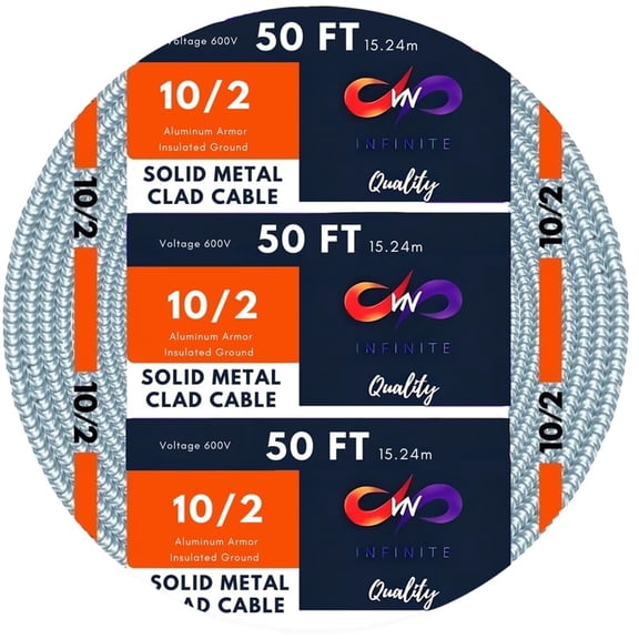 MC Cable 10/2 - Metal Clad - Aluminium Armor Stranded Copper Conductor - Cable for Indoor (50 Ft)