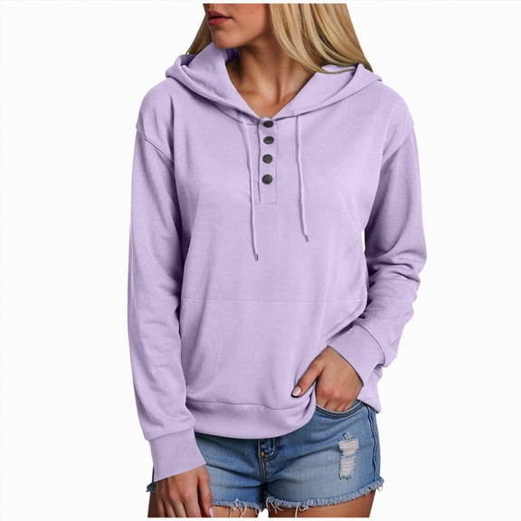 UngA Womens Hoodie Long Sleeve Shirts Fall Fashion V Neck Sweatshirts with Buttons Casual Trendy Pullover Tops Oversized Hoodie Women (Purple,S)