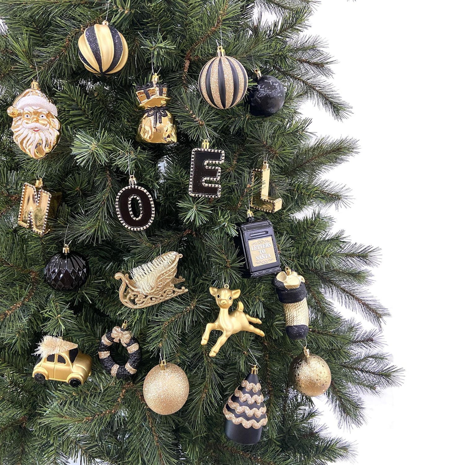 Holiday Time 50-Count Iconic Symbols of Christmas Shatterproof Christmas Ornaments, Black/Gold, 50 pieces