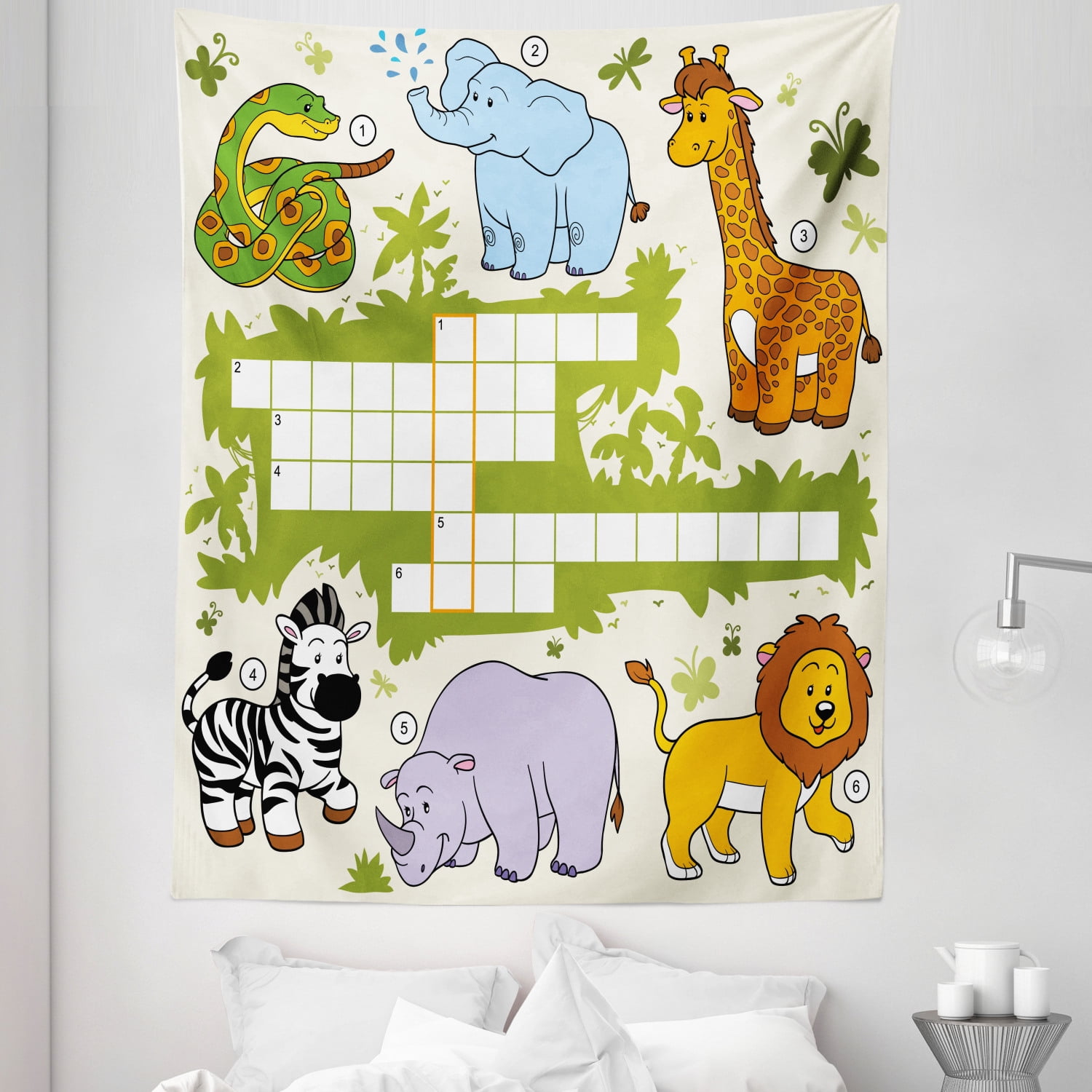 Word Search Puzzle Tapestry, Colorful Crossword Game for Wild Jungle Safari Animals Grid, Fabric