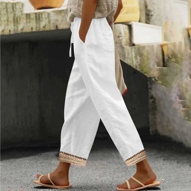 Roncen Women's Solid Cotton-Linen Lace Trim Pants - Elastic Drawstring Waist Casual Trousers with Pockets