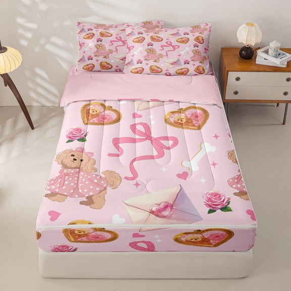 Homewish Valentine Dog Zipper Twin Comforter Sets with Fitted Sheet and 2 Pillowcases,Kawaii Pet Theme Zipper Bedding Set,Pink Ribbon Bow Decor,Pink Reversible,4pcs