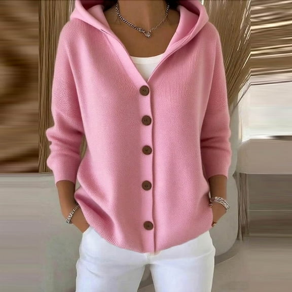 DAFPZW Button Down Sweater Hoodies for Women V-Neck Long Sleeve Casual Hooded Cardigan Loose Solid Fall Knit Jackets