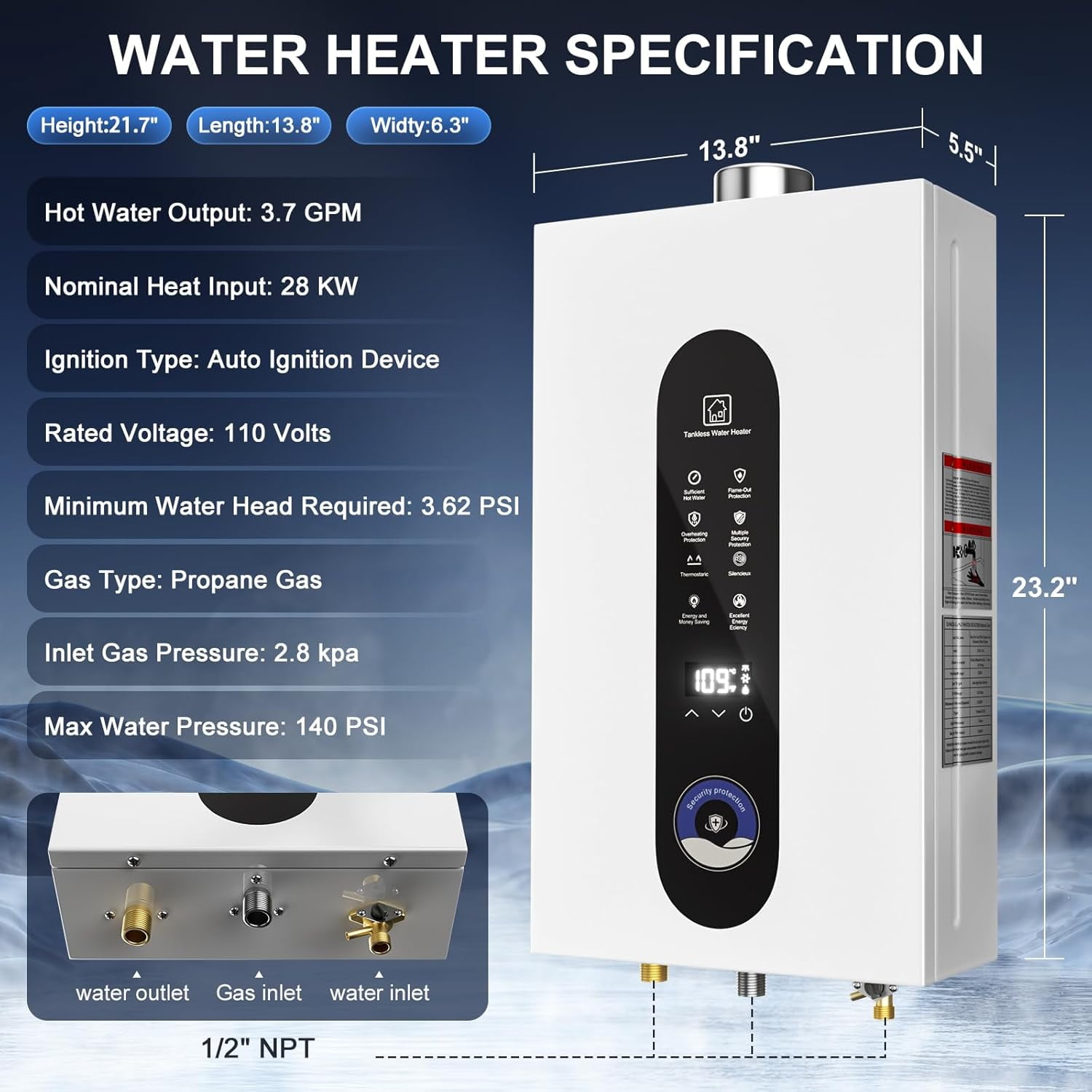 Datingday 28KW Propane Tankless Water Heater , 3.7 GPM Instant Hot Water for Whole Home, Indoor Use w/ Digital Display & Safety Shield