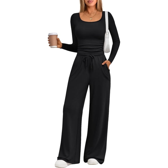 2 Piece Scoop Neck Lounge Set Womens Wide Leg Pants Side Ruching Slightly Crop Top Sweatsuit Sets With Pockets